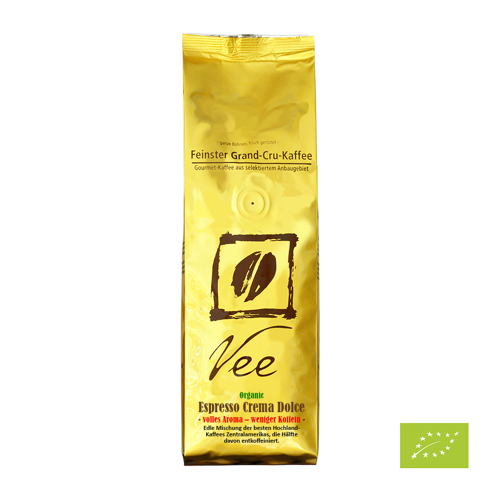 Vee's Organic Espresso Crema Dolce - full-bodied flavour – less caffeine Vee's Organic Espresso Crema Dolce - full-bodied flavour – less caffeine